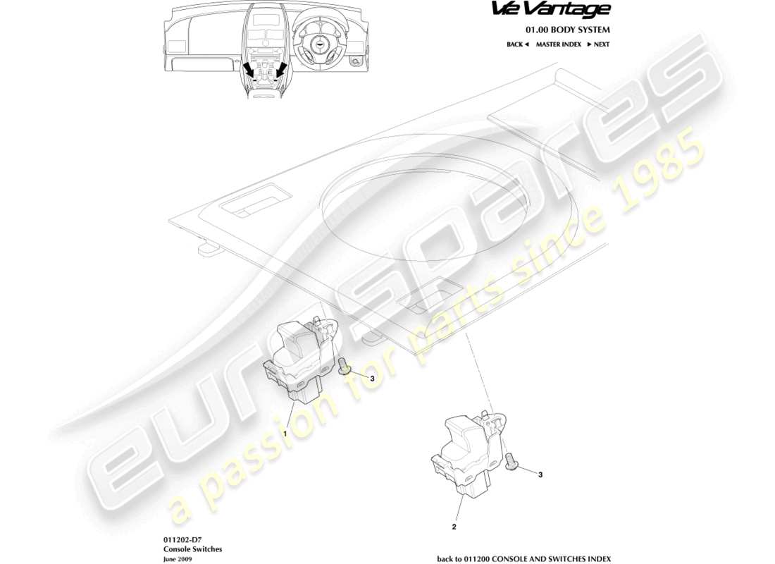 aston martin v12 vantage (2010) diagramma delle parti degli switch di console