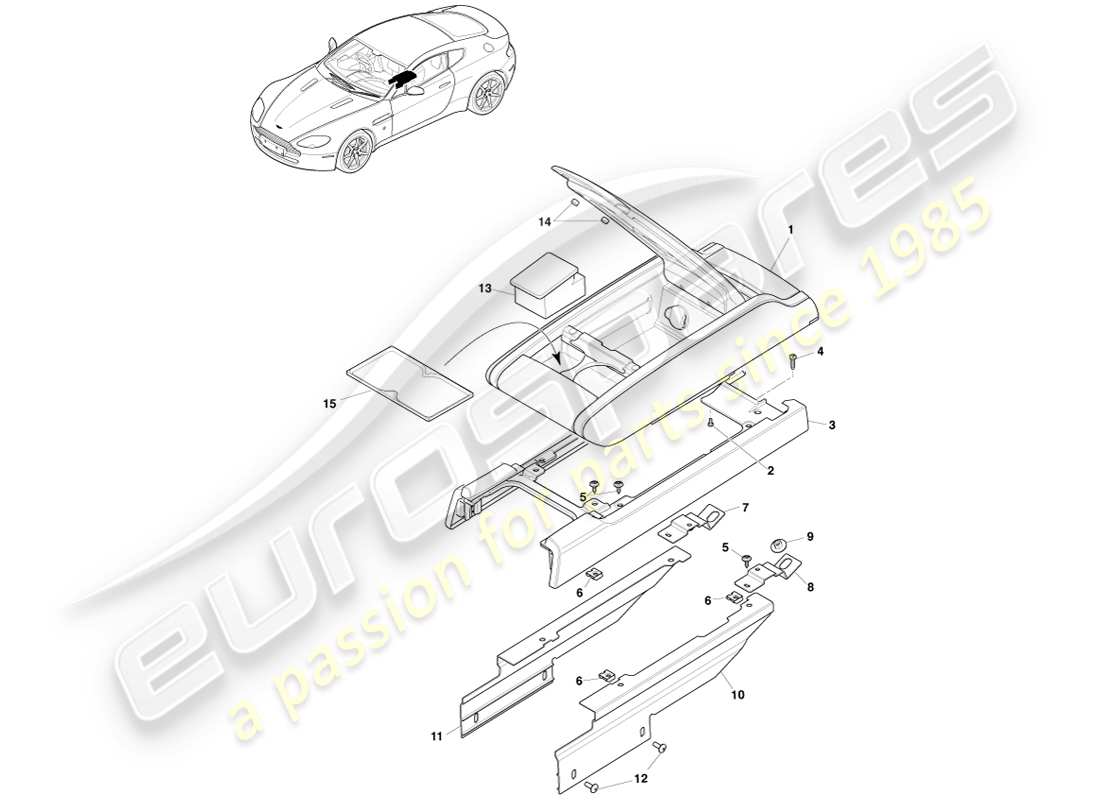 aston martin v8 vantage (2005) schema delle parti della console centrale con bracciolo