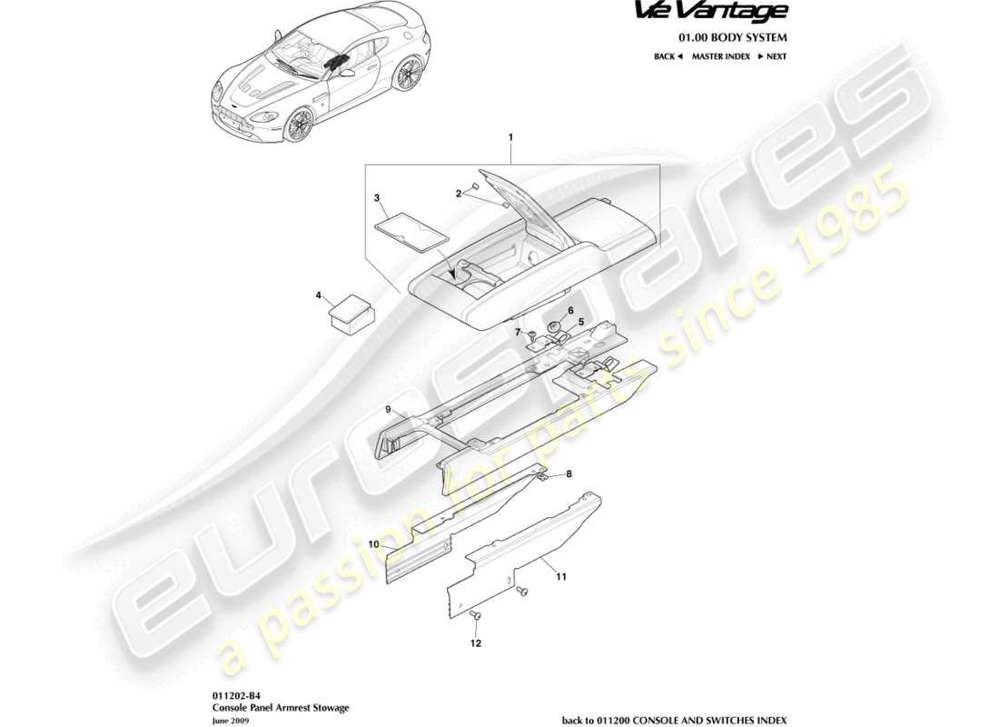 aston martin v12 vantage (2010) schema delle parti della console centrale con bracciolo