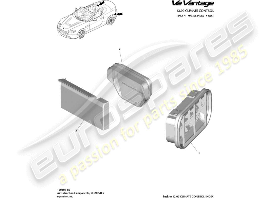 aston martin v12 vantage (2011) componenti per l'estrazione dell'aria, diagramma delle parti della roadster