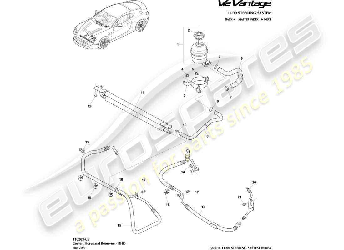 aston martin v12 vantage (2011) schema delle parti del radiatore, dei tubi flessibili e del serbatoio con guida a destra