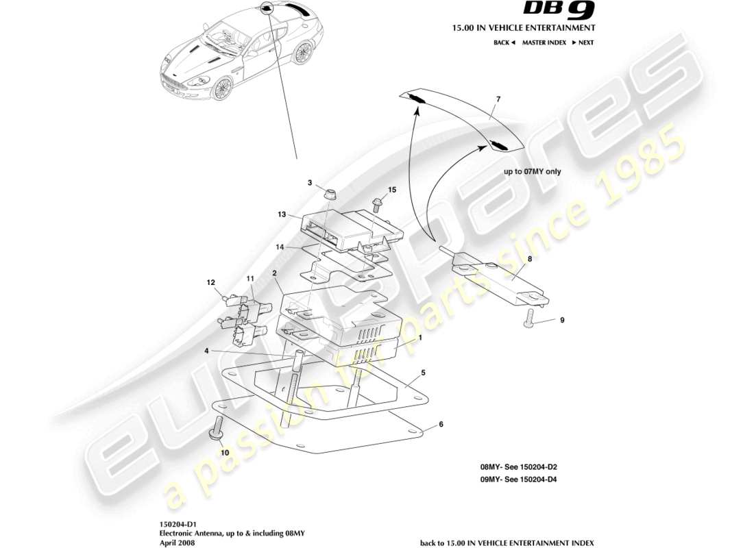 aston martin db9 (2005) diagramma delle parti dell'antenna elettronica