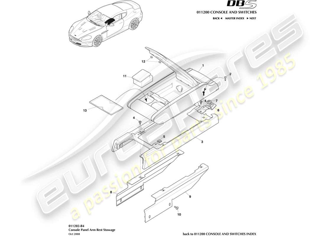 aston martin dbs (2010) mittelkonsole, armlehne teilediagramm