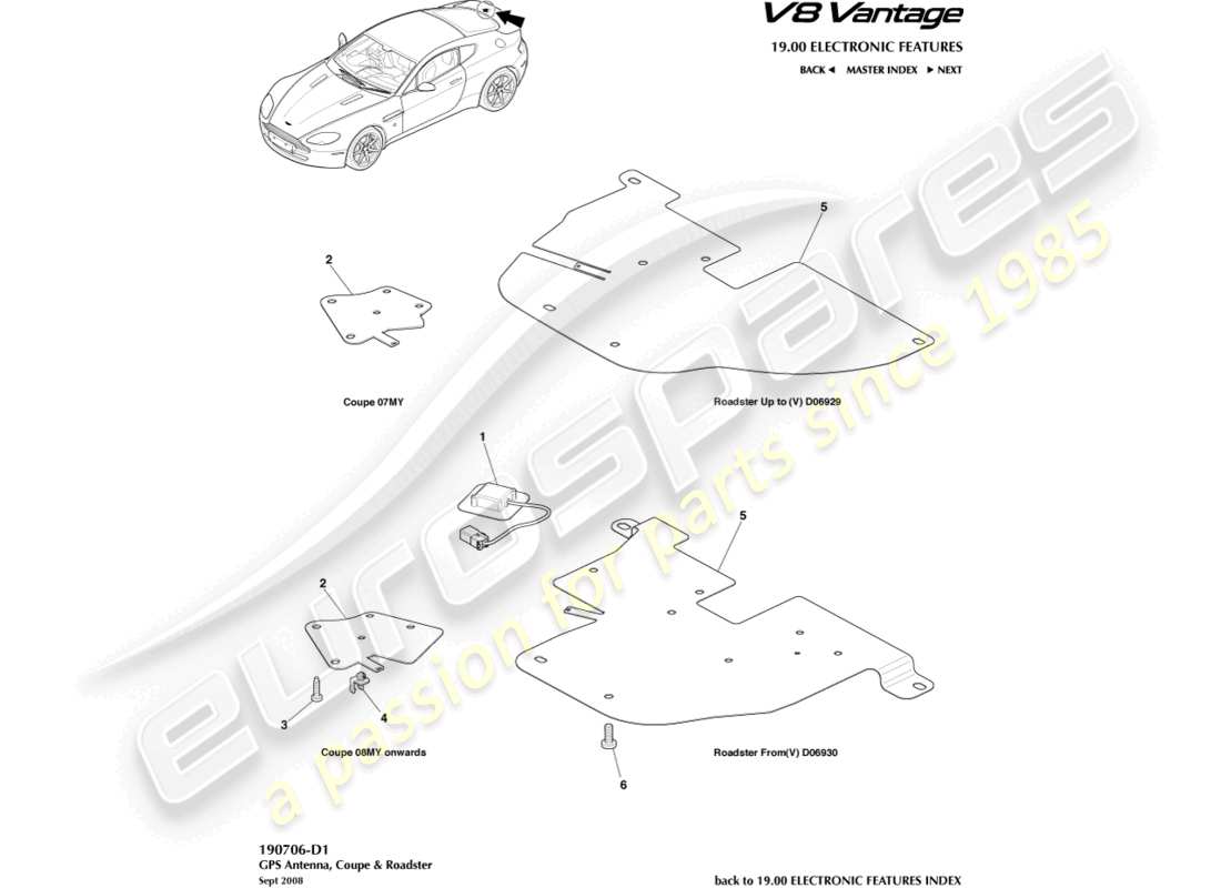 aston martin v8 vantage (2006) diagramma delle parti dell'antenna gps