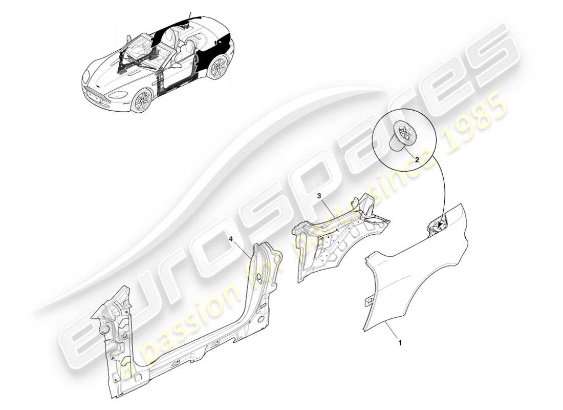aston martin v8 vantage (2007) pannello laterale della carrozzeria, diagramma delle parti della roadster