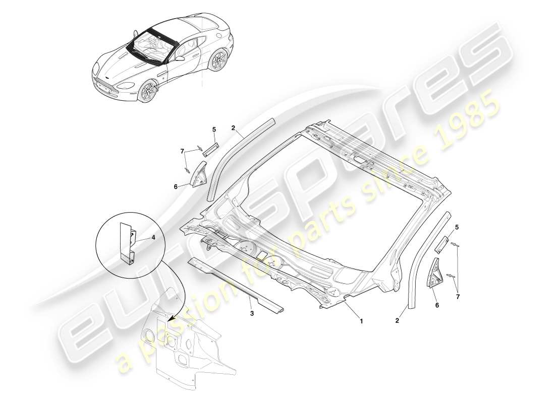 aston martin v8 vantage (2005) cruscotto e cofano, diagramma delle parti del coupé