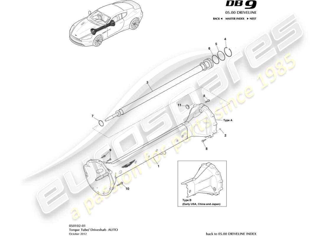 aston martin db9 (2014) diagramma delle parti del gruppo tubo di torsione