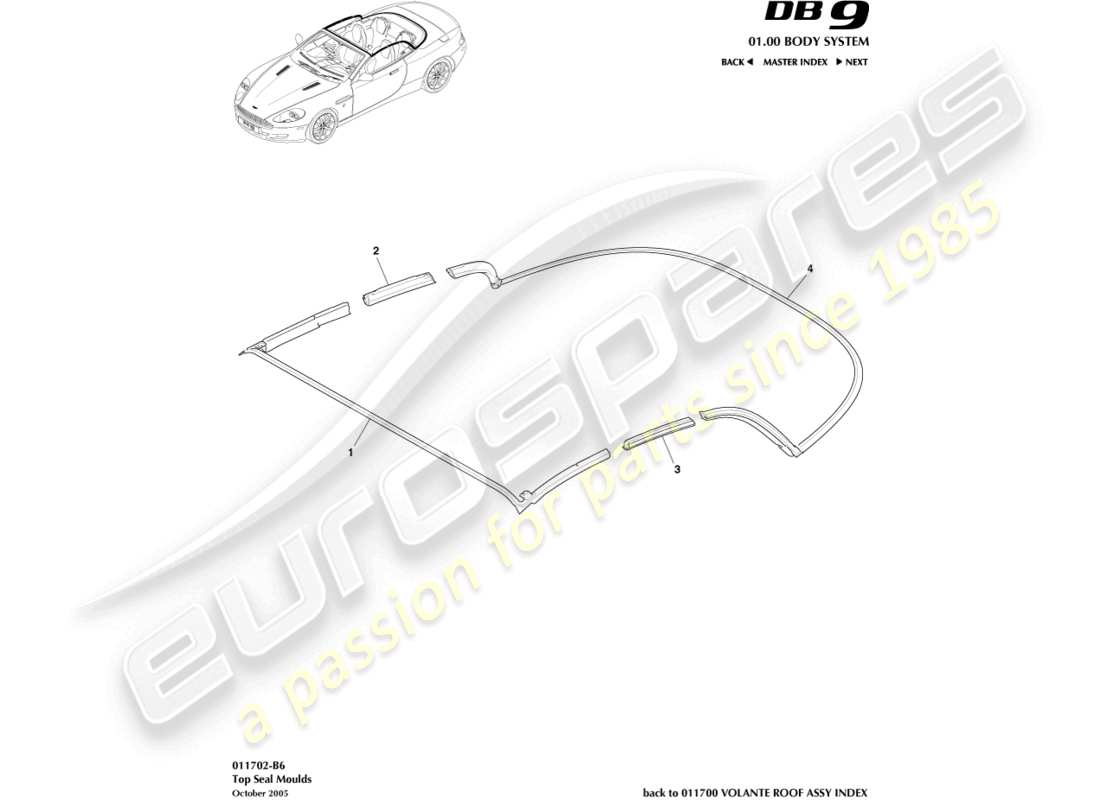 aston martin db9 (2010) diagramma delle parti dello stampaggio della guarnizione superiore