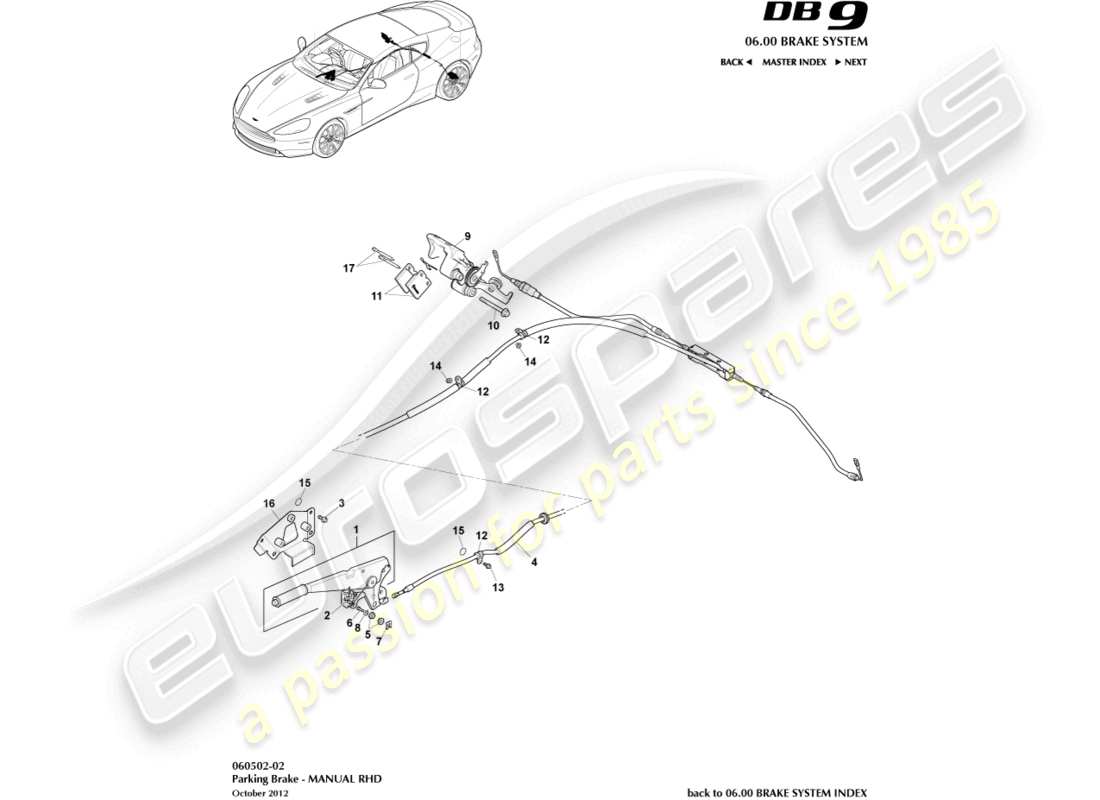 aston martin db9 (2014) freno di stazionamento, schema delle parti con guida a destra