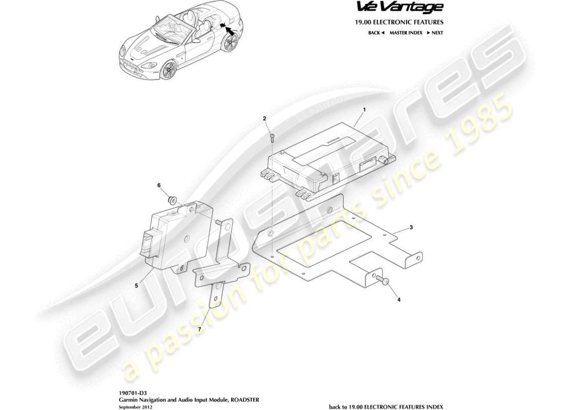 aston martin v12 vantage (2011) navigazione garmin, roadster, diagramma delle parti 12my