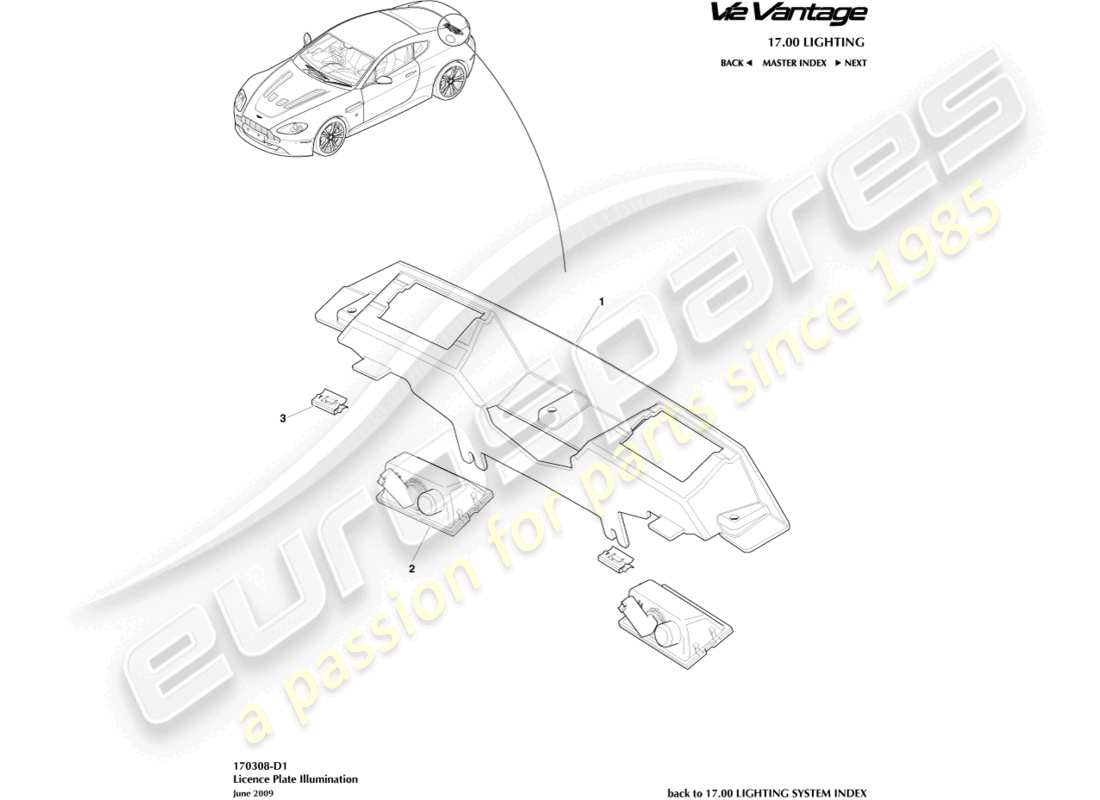 aston martin v12 vantage (2011) diagramma delle parti delle luci della targa