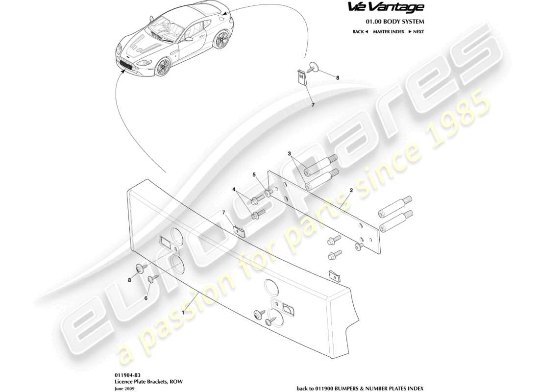 aston martin v12 vantage (2010) staffe targa, diagramma delle parti row