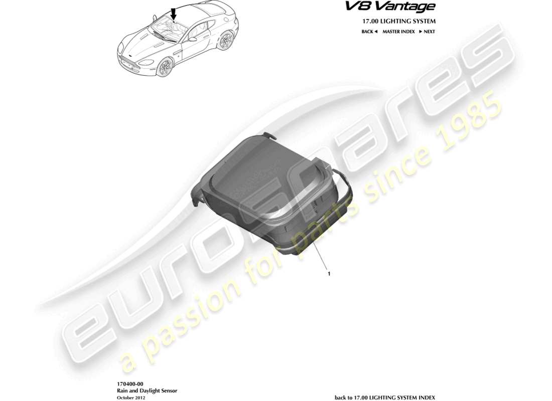aston martin v8 vantage (2018) diagramma delle parti del sensore pioggia e luce diurna