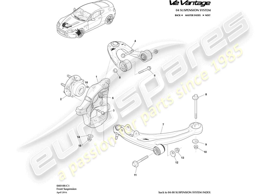 aston martin v12 vantage (2010) schema delle parti del gruppo sospensione anteriore