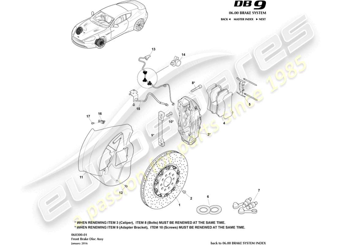 aston martin db9 (2016) schema delle parti del sistema frenante anteriore