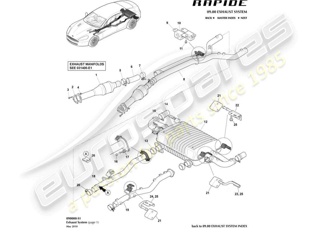 aston martin rapide (2013) impianto di scarico diagramma delle parti