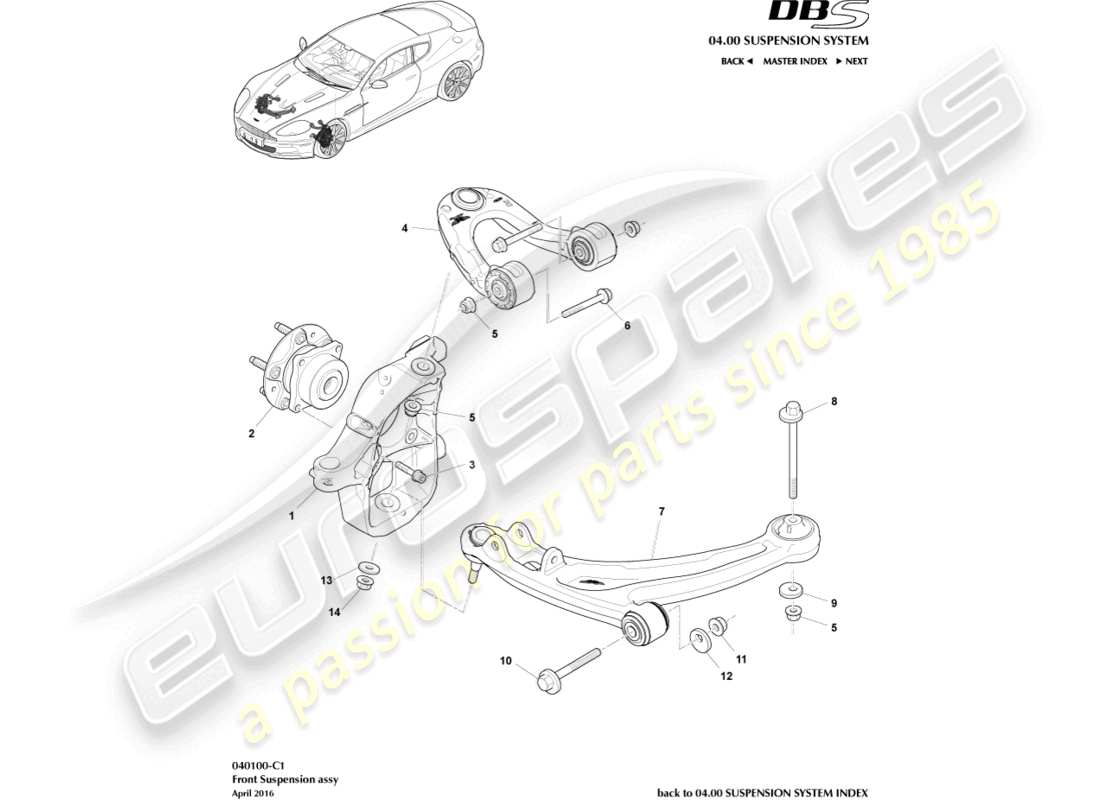 aston martin dbs (2010) vorderradaufhängungsbaugruppe teilediagramm