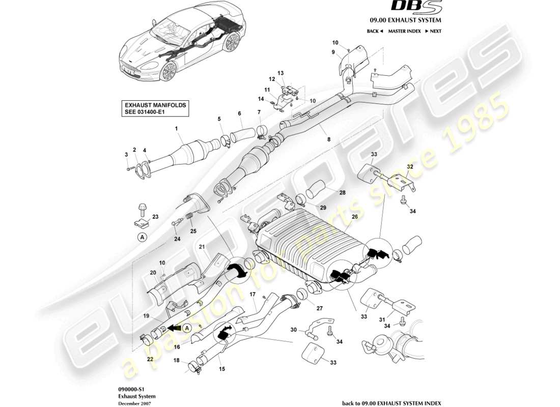 aston martin dbs (2014) impianto di scarico diagramma delle parti