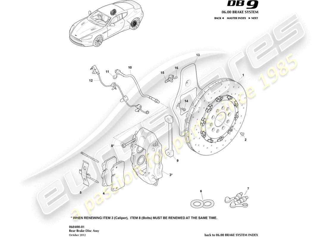 aston martin db9 (2016) schema delle parti del sistema frenante posteriore