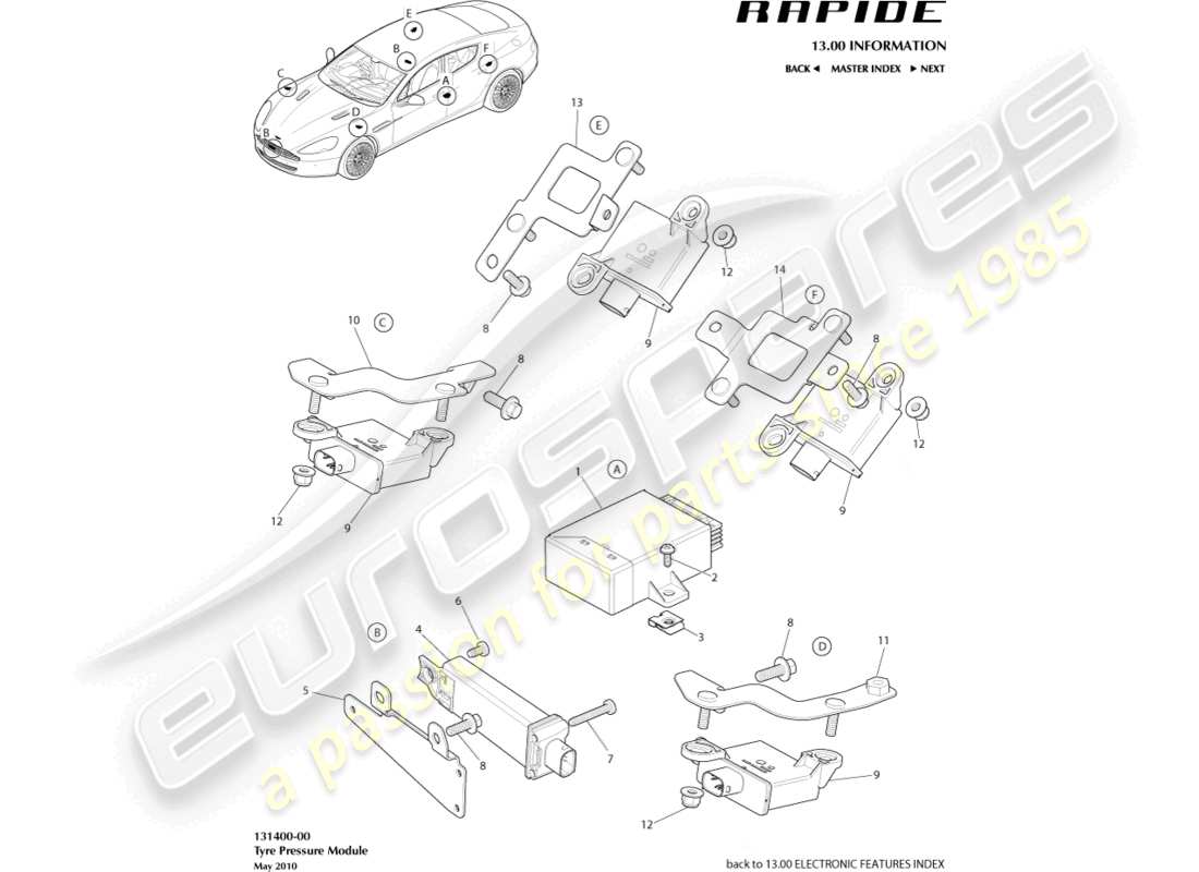 aston martin rapide (2012) modulo pressione pneumatici diagramma delle parti