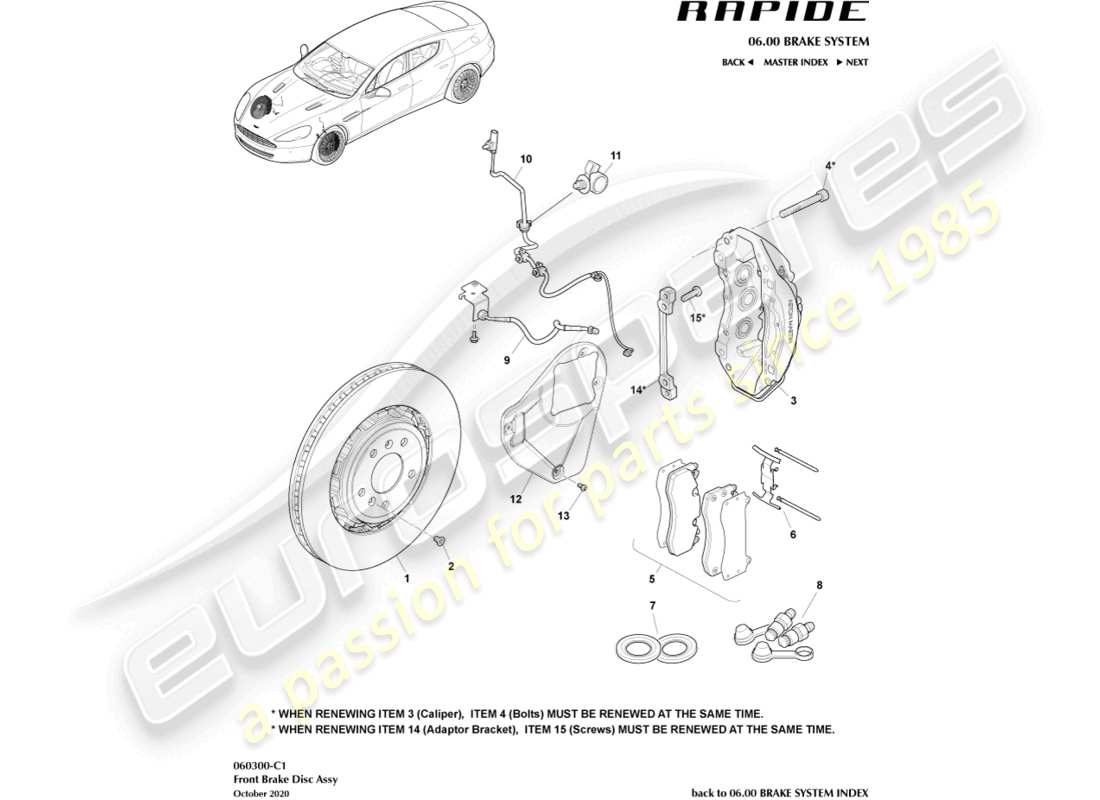 aston martin rapide (2018) sistema frenante anteriore diagramma delle parti