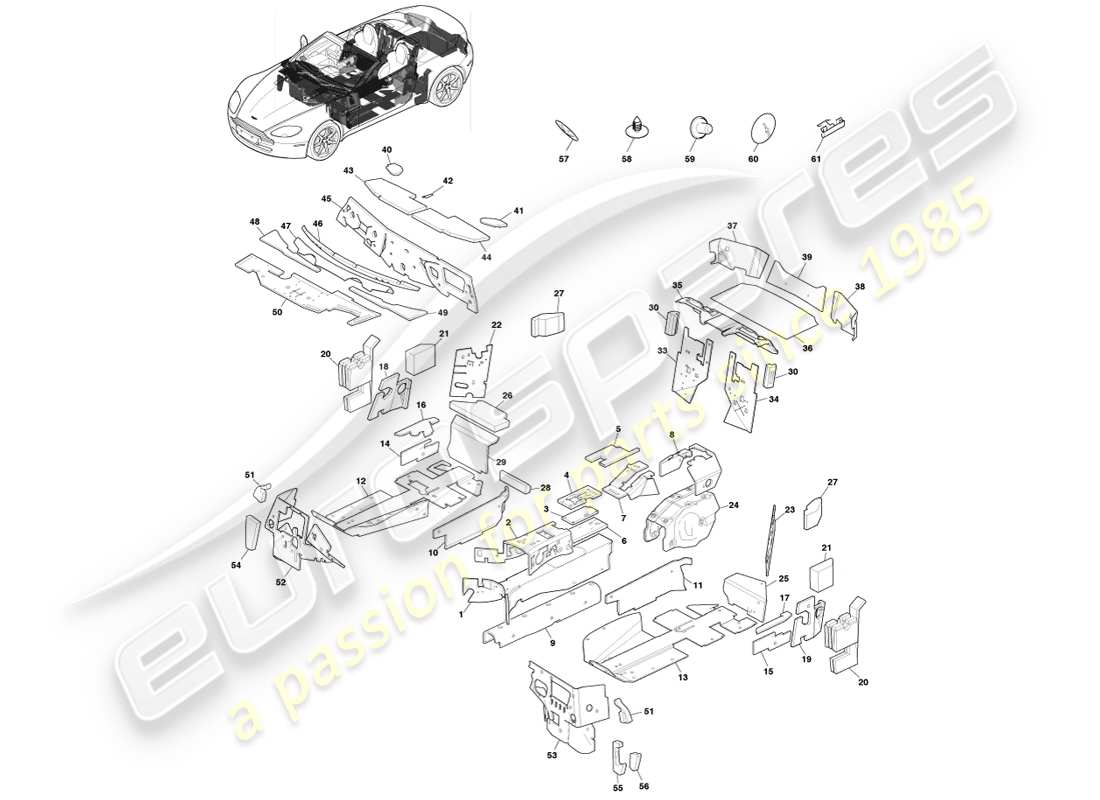 aston martin v8 vantage (2005) isolamento carrozzeria, roadster, diagramma delle parti 14my