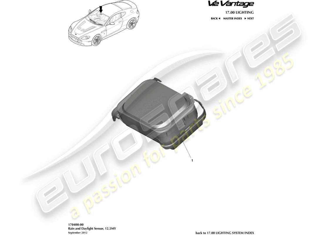 aston martin v12 vantage (2011) diagramma delle parti del sensore pioggia e luce diurna