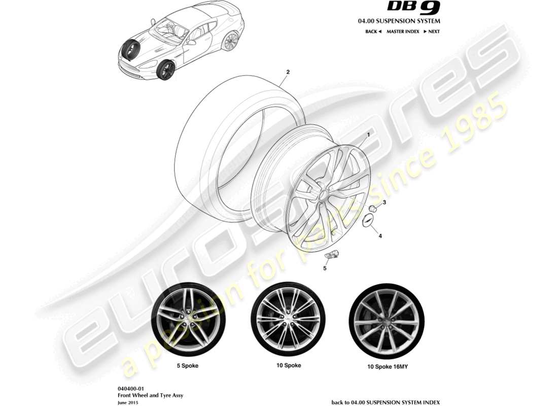 aston martin db9 (2017) ruote e pneumatici anteriori diagramma delle parti
