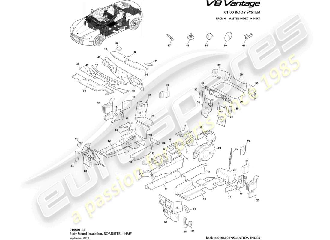 aston martin v8 vantage (2014) isolamento carrozzeria, roadster, diagramma delle parti 14my