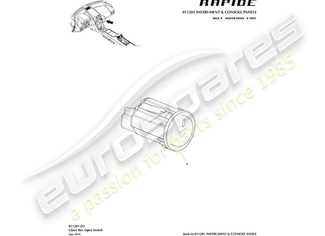 aston martin rapide (2012) diagramma delle parti dell'interruttore del vano portaoggetti
