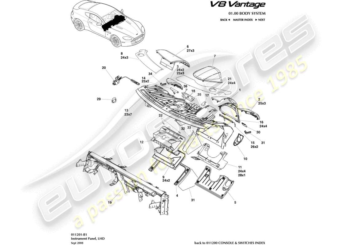 aston martin v8 vantage (2006) pannello strumenti, diagramma delle parti lhd