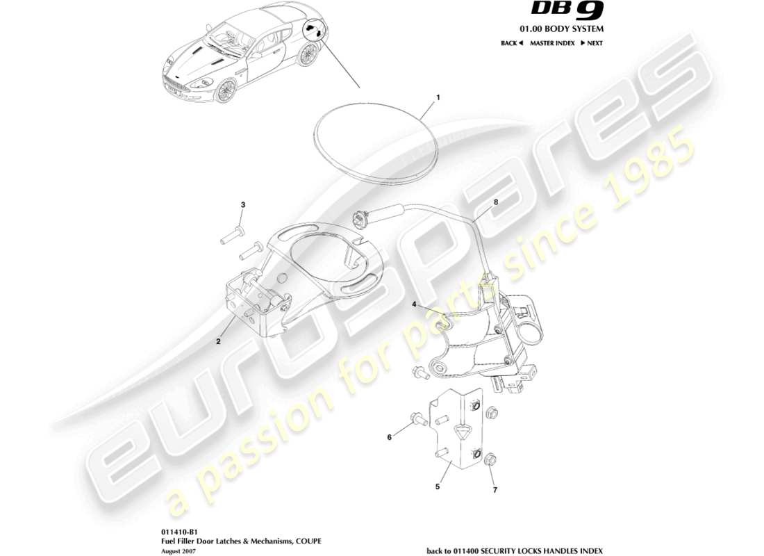 aston martin db9 (2009) meccanismo di rifornimento carburante, coupé diagramma delle parti