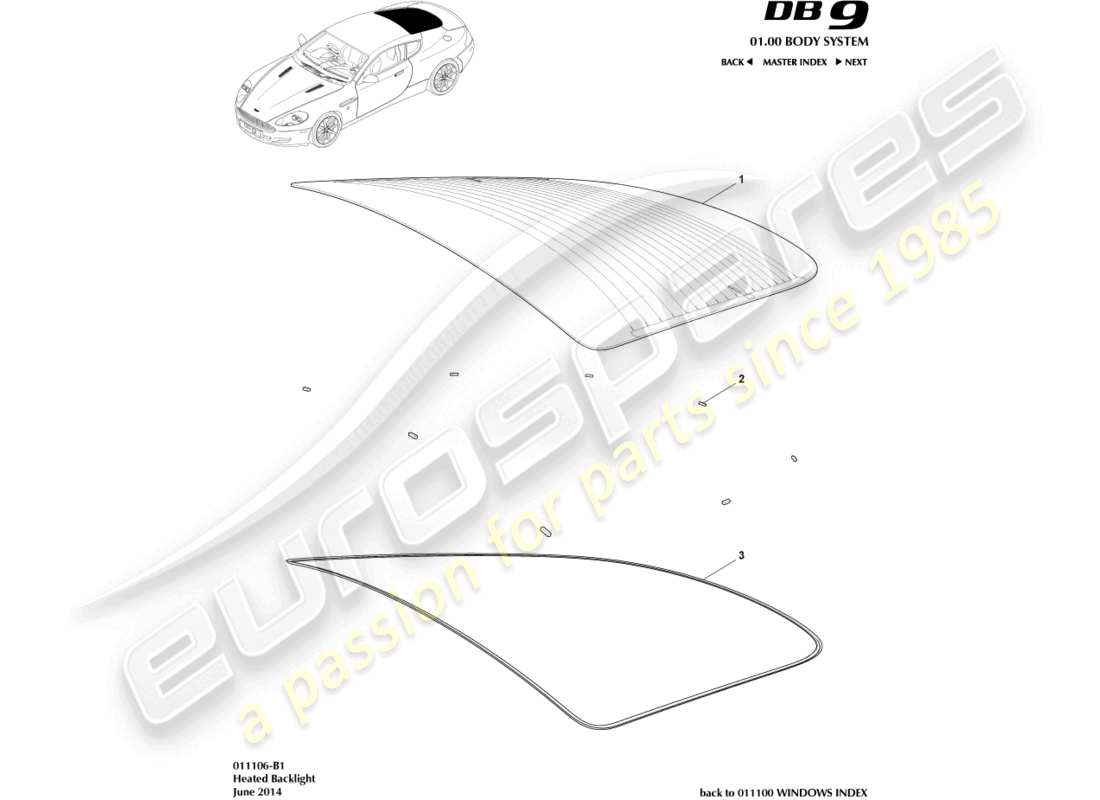 aston martin db9 (2007) schema delle parti del parabrezza posteriore