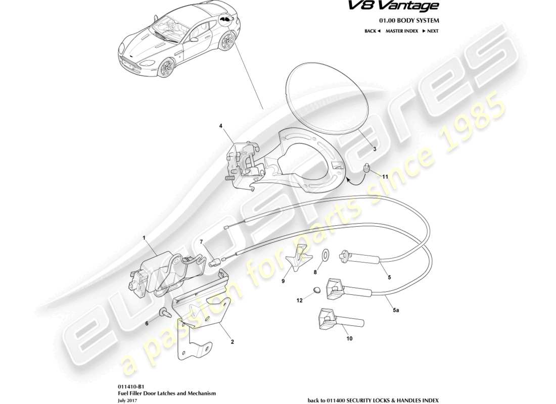 aston martin v8 vantage (2012) meccanismo di rifornimento del carburante, diagramma delle parti della coupé