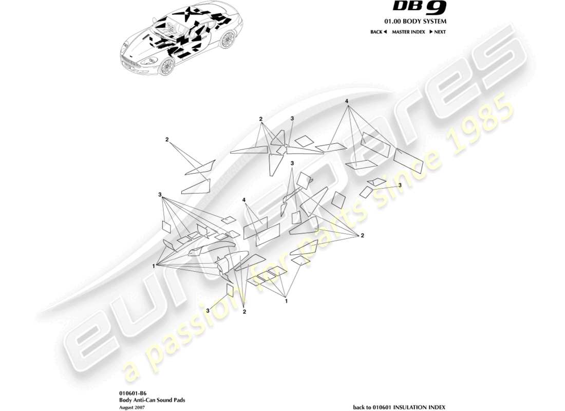un diagramma delle parti dal catalogo delle parti Aston Martin DB9 (2011)