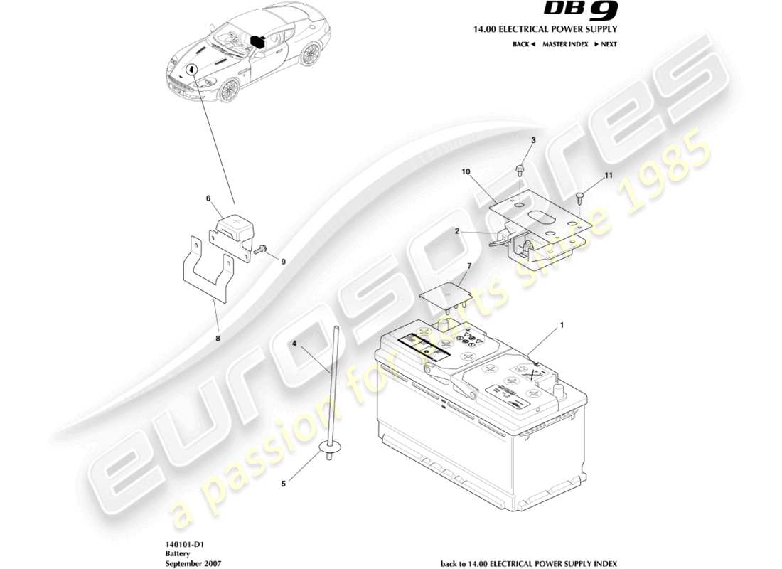 aston martin db9 (2010) diagramma delle parti della batteria
