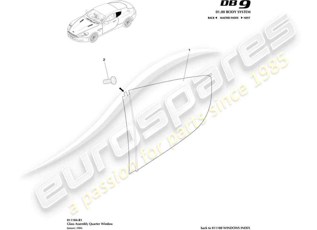 aston martin db9 (2007) vetro del quarto posteriore, coupé diagramma delle parti