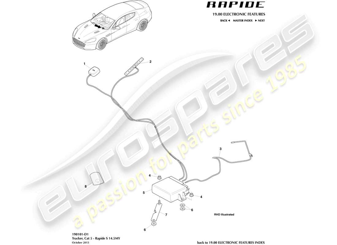 aston martin rapide (2019) localizzatore cat 5, 14.5my diagramma delle parti