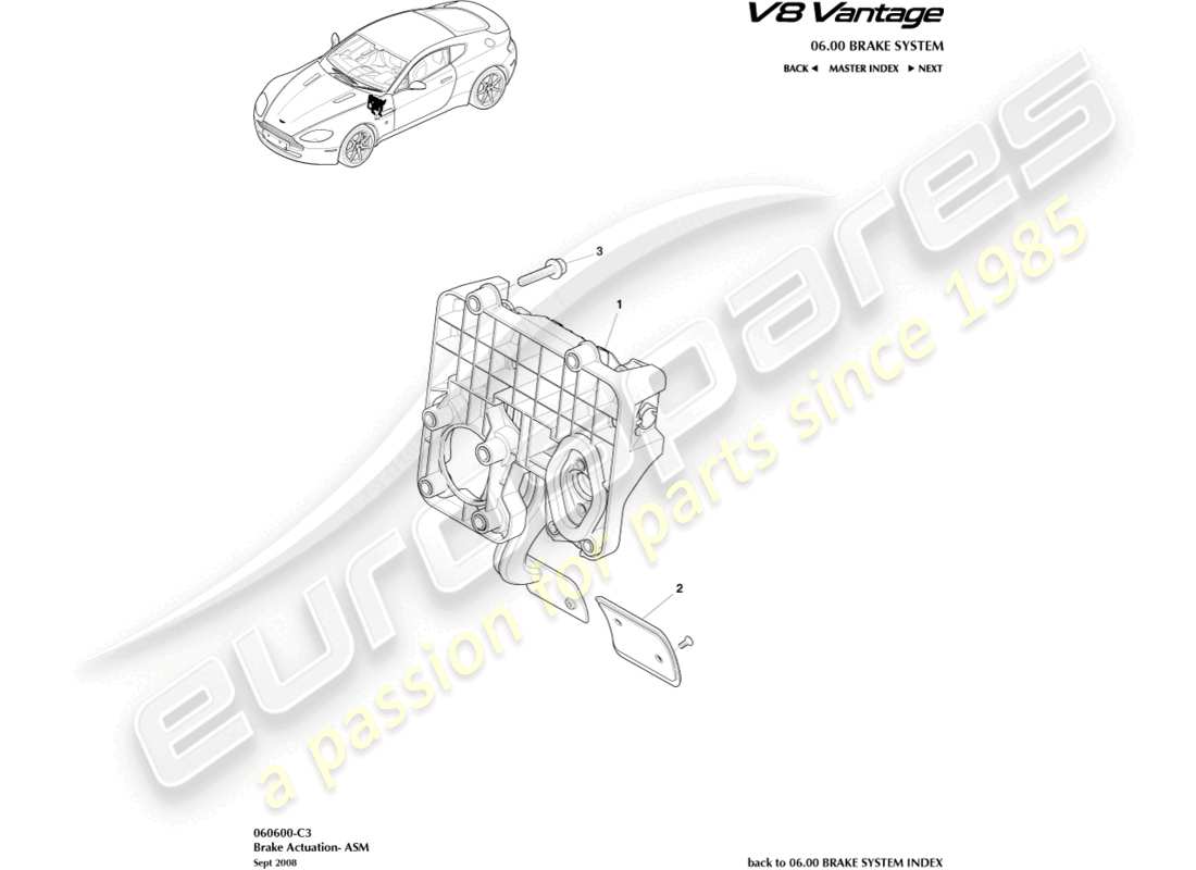aston martin v8 vantage (2012) gruppo attuatore freno, diagramma delle parti asm
