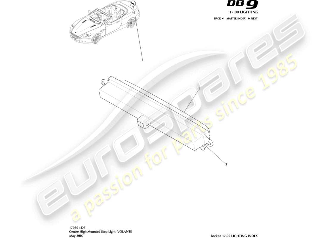aston martin db9 (2007) luce stop montata in alto, diagramma delle parti volante