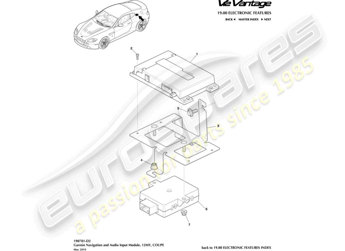 aston martin v12 vantage (2011) navigazione garmin, coupé, diagramma delle parti 12my