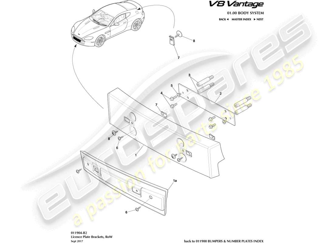 aston martin v8 vantage (2006) staffe targa, diagramma delle parti row