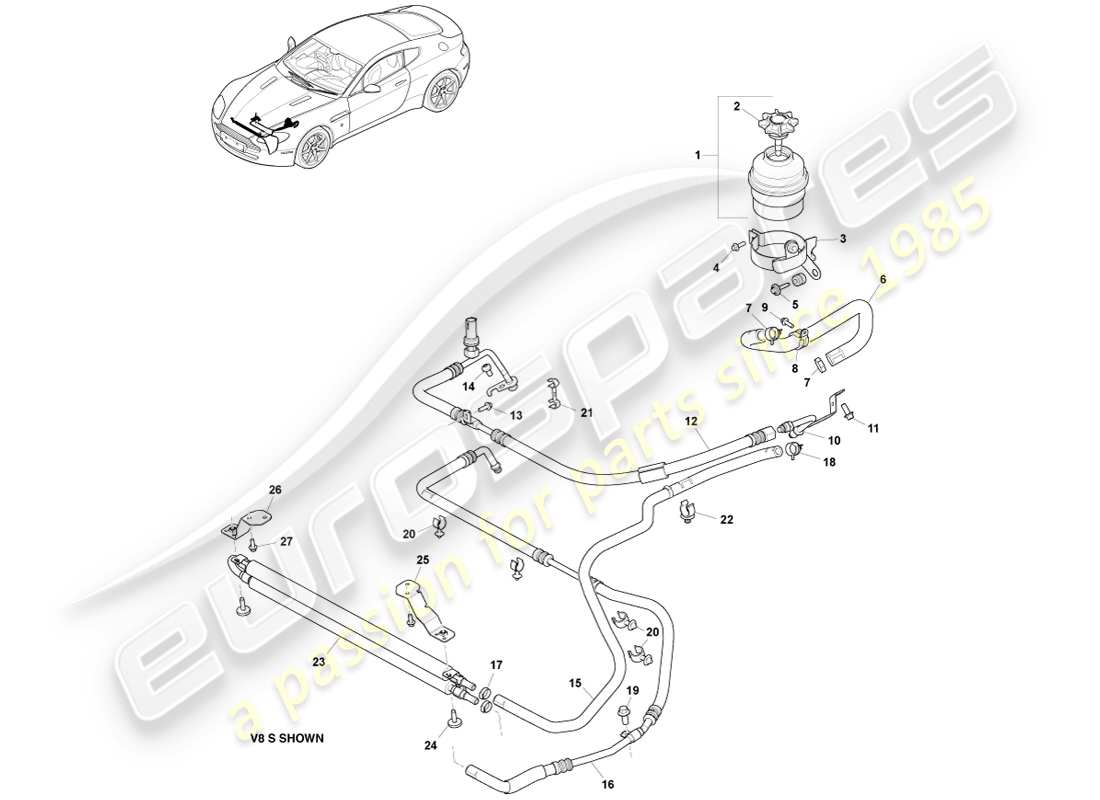 aston martin v8 vantage (2005) schema delle parti del radiatore, dei tubi flessibili e del serbatoio con guida a destra