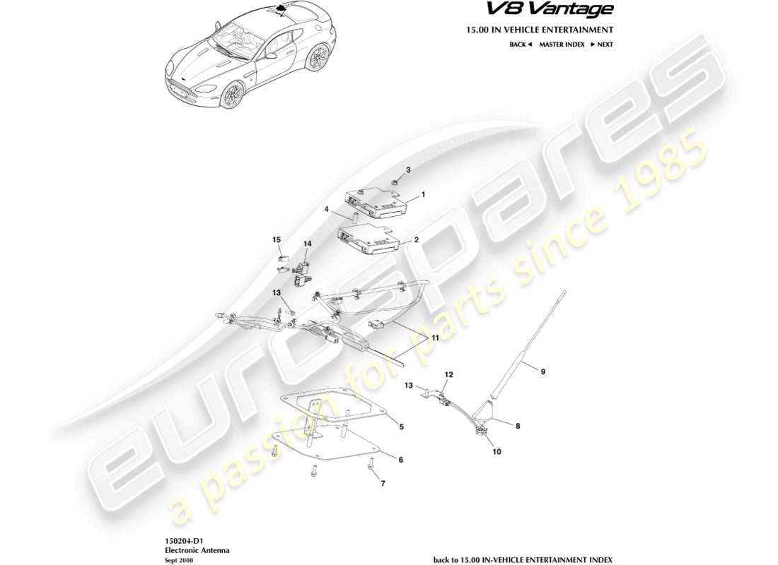 aston martin v8 vantage (2006) diagramma delle parti dell'antenna elettronica