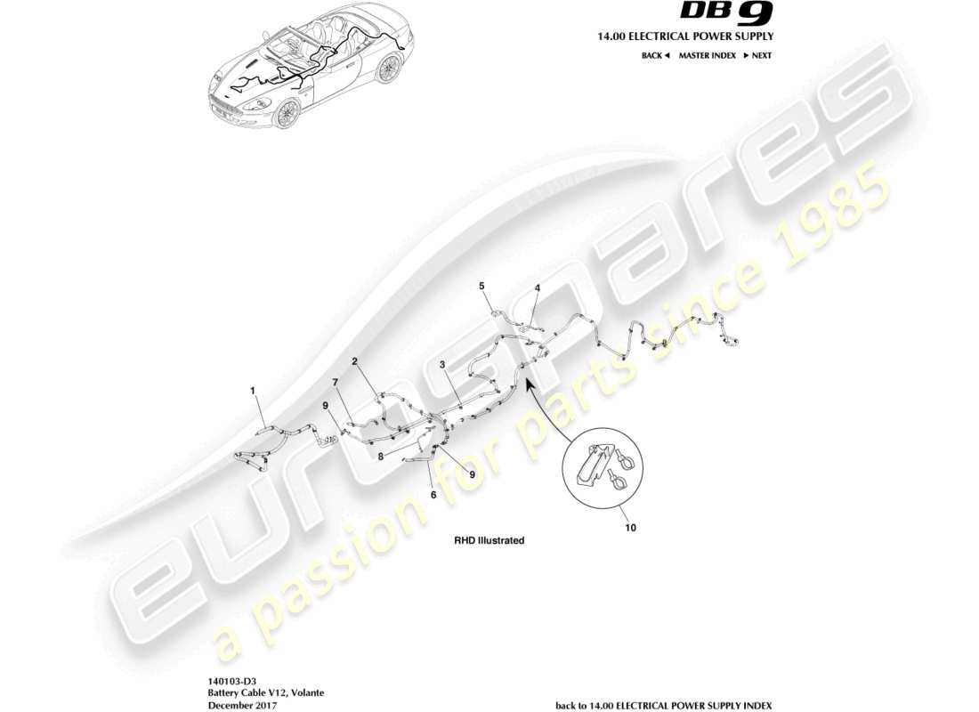 aston martin db9 (2011) batteriekabel, volante teilediagramm