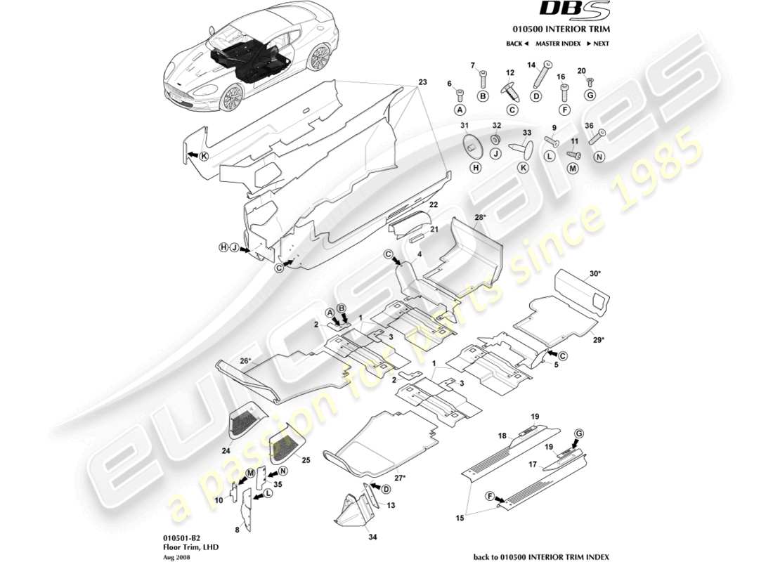 aston martin dbs (2011) rivestimento del pianale, guida a sinistra diagramma delle parti