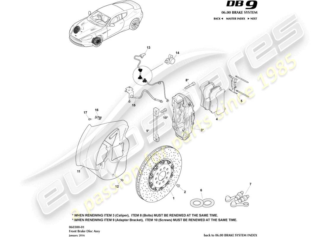 aston martin db9 (2014) schema delle parti del sistema frenante anteriore