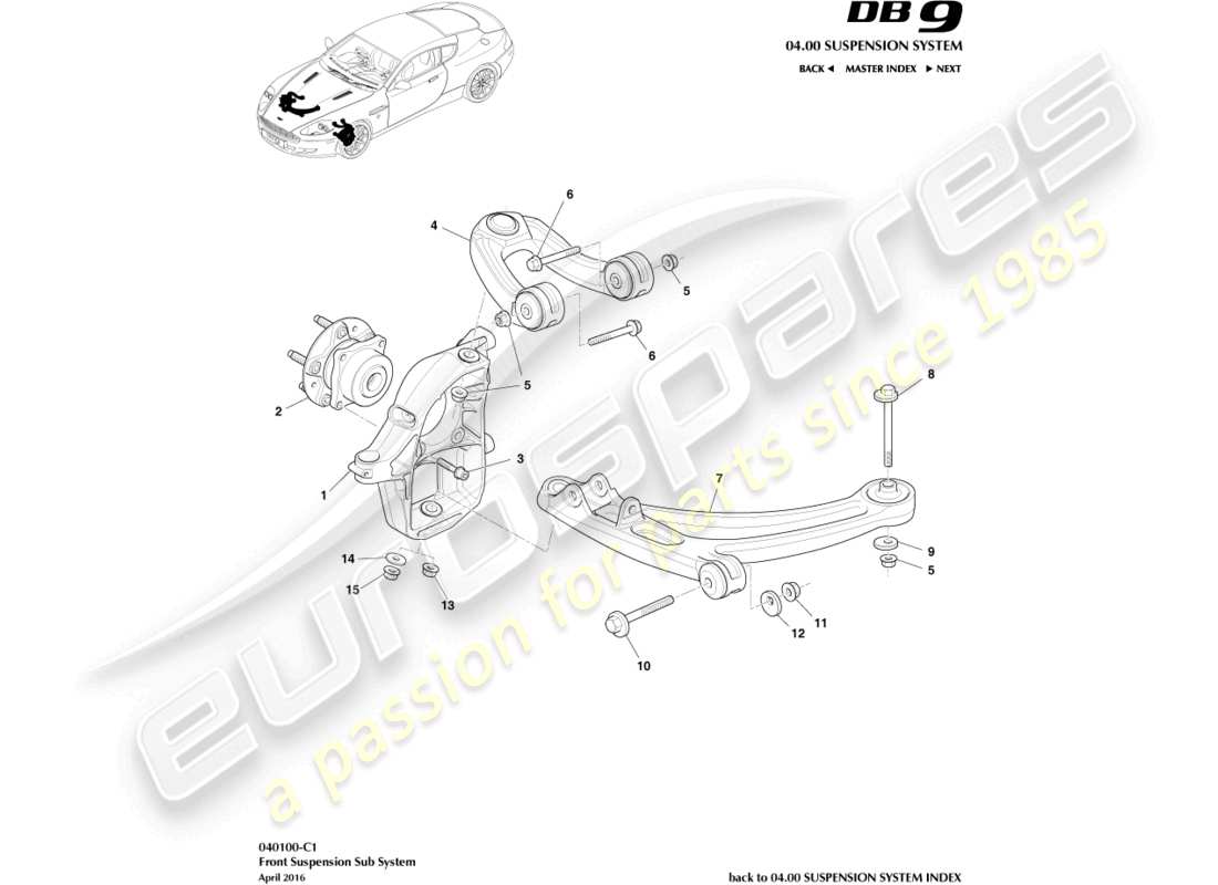 aston martin db9 (2011) vorderradaufhängungsbaugruppe teilediagramm