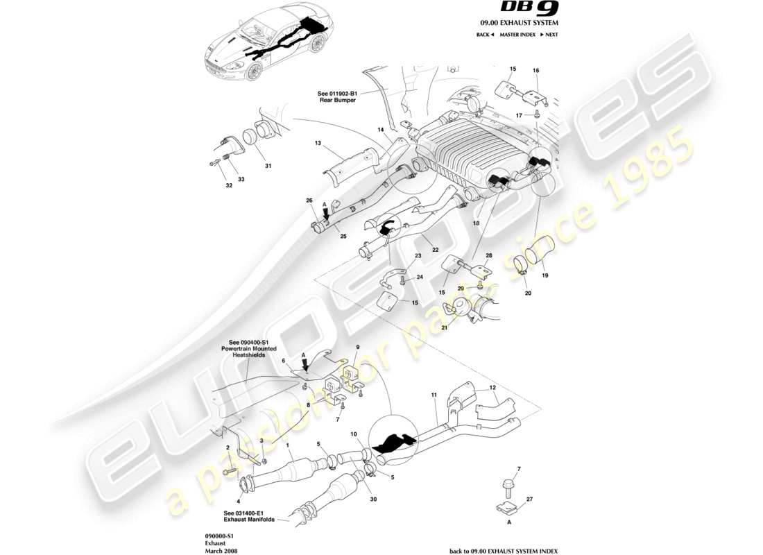 aston martin db9 (2009) impianto di scarico diagramma delle parti