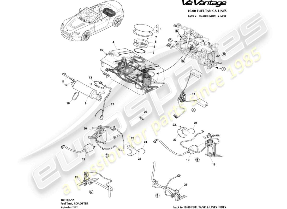 aston martin v12 vantage (2011) gruppo serbatoio carburante, schema delle parti roadster